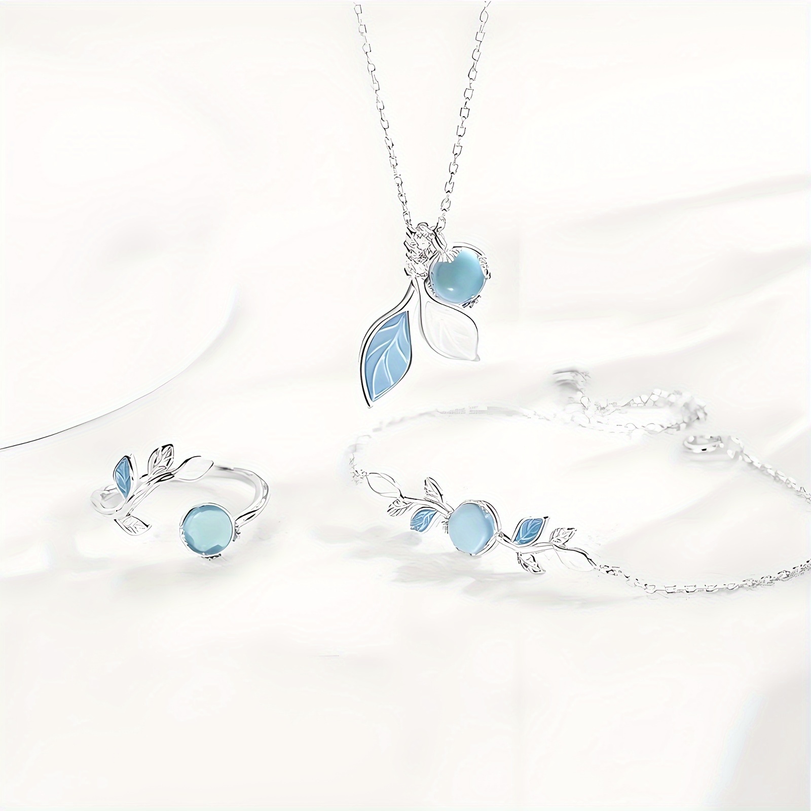 Moonstone Jewelry Set: Necklace, Ring, Bracelet, Leaf Design, 925 Silver Plated